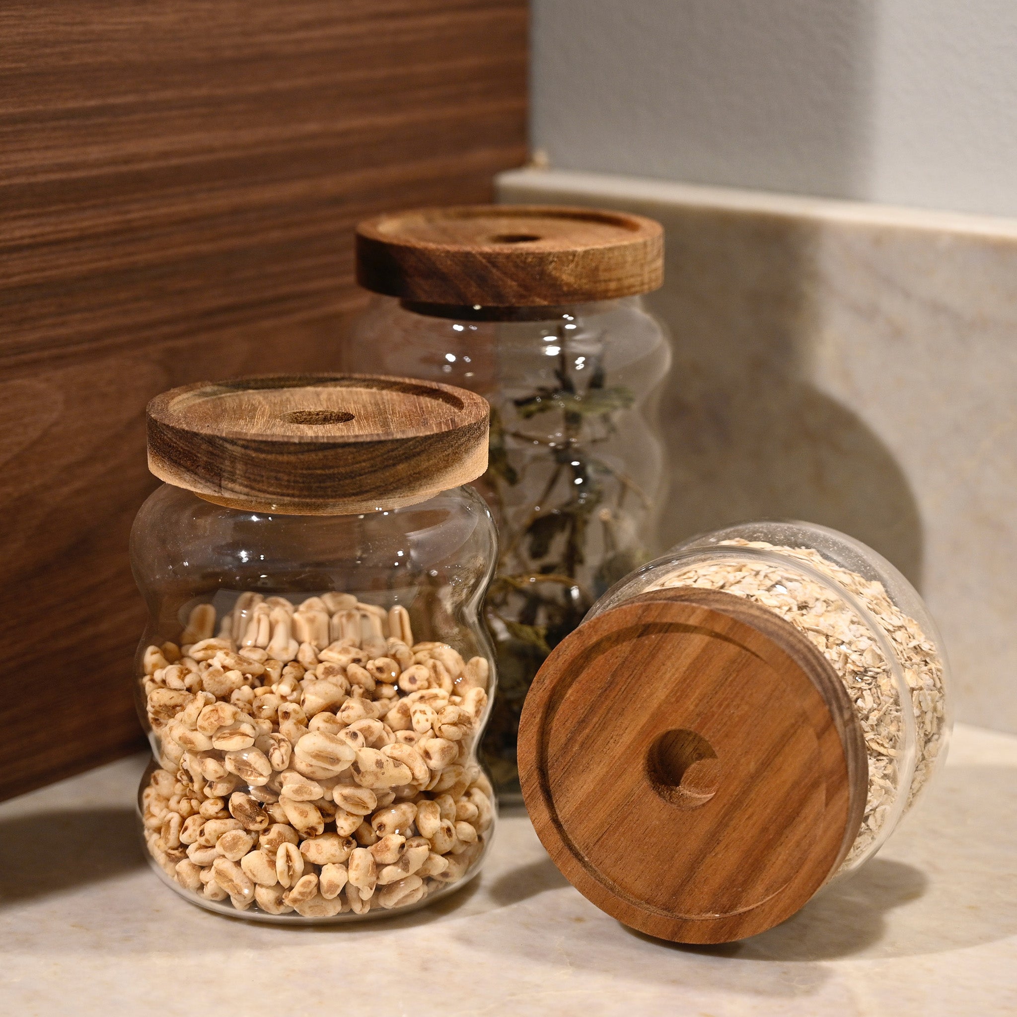 Acacia wave voorraadpotten met voedingsmiddelen