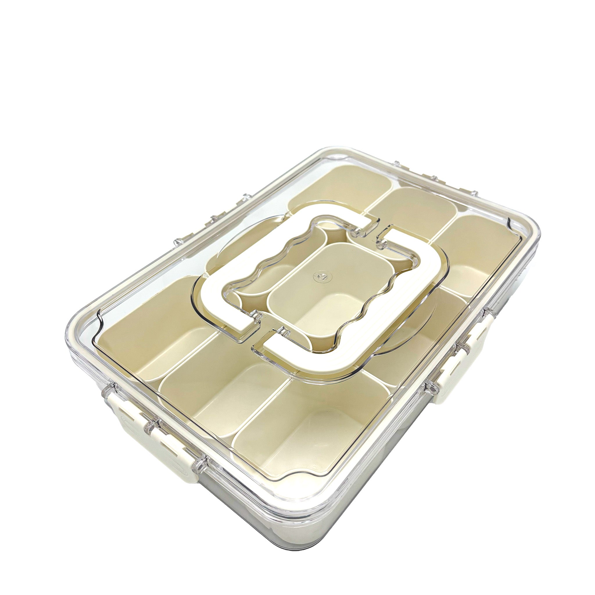 Beige snackbox met 9 vakken en handvat